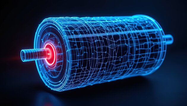 A glowing, stylized depiction of a technological component, showcasing intricate circuitry and vibrant blue-red highlights.