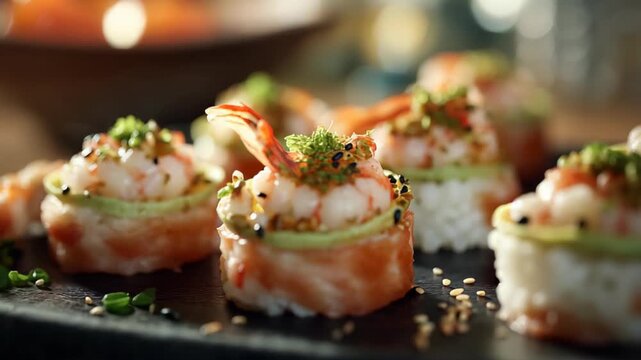 Enjoy flavorful shrimp sushi rolls ideal for appetizers and snacks, platter seafood