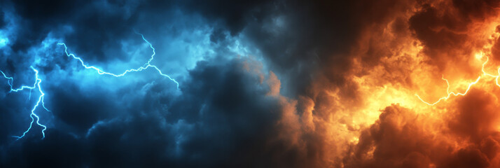 Dramatic sky scene with blue and orange storm clouds.