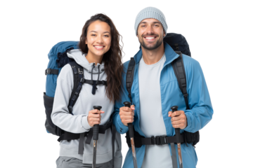 Happy young couple with backpacks and trekking poles, ready for hiking, isolated on white background