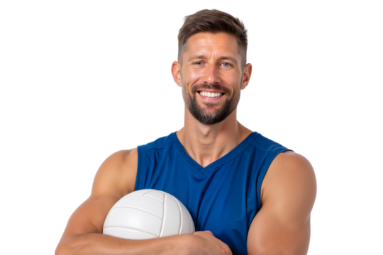 Smiling male volleyball player holding a white ball, wearing a blue jersey, isolated on transparent background
