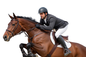 Professional show jumping rider on a bay horse in mid-air over a jump, isolated on transparent background