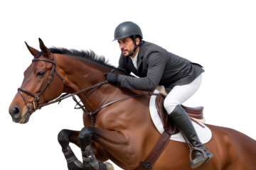 Professional show jumping rider on a bay horse in mid-air over a jump, isolated on transparent background