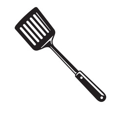 Black and white illustration of a slotted spatula kitchen utensil isolated on white