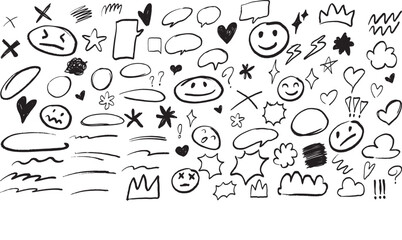 hand drawn doodle elements set with speech bubbles, smiley faces, hearts, stars, arrows, and sketch lines in playful cartoon style, perfect for creative design, stickers, and social media graphics © Idol Design