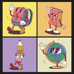 Fototapeta premium Cartoon mascot characters back to school in 90s retro groovy style. Walking with a backpack, a notebook, a globe, a pencil with gloved hands. Vector poster education, training