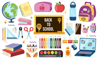 Set cartoon back to school stickers in the 90s style. Retro elements, office, study. Cartoon elements for learning and education. Trendy bright vector set