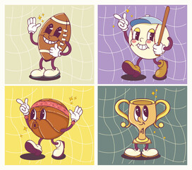 Set cartoon sports characters back to school stickers in the 90s style. Groovy characters a trophy, a football, a baseball, and a basketball. Trendy bright vector set