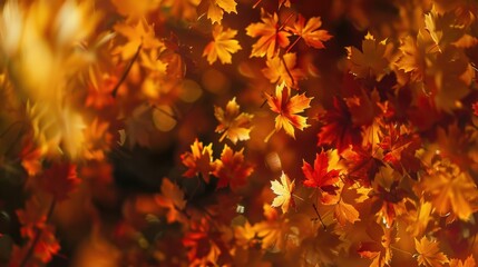 Ultra-realistic autumn maple leaves background with scattered foliage in golden yellow, burnt orange, and deep red shades, crisp texture, soft natural light, macro detail, and high depth