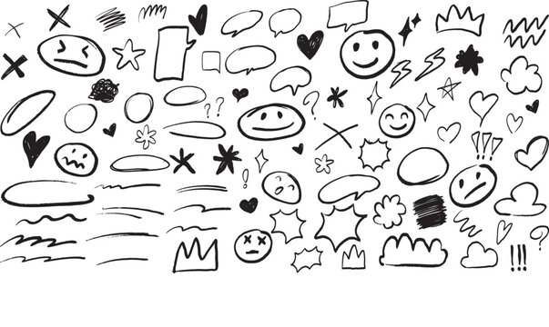 hand drawn doodle elements set with speech bubbles, smiley faces, hearts, stars, arrows, and sketch lines in playful cartoon style, perfect for creative design, stickers, and social media graphics