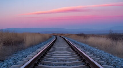 Fototapeta premium Path of Dreams: The curved tracks stretch into the serene distance beneath a mesmerizing sunrise, evoking a sense of journey, adventure, and the possibilities that lie ahead.