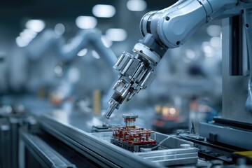 Industrial robot arm working on a production line