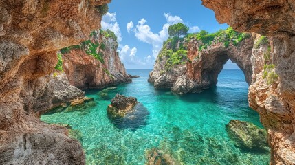 Obraz premium Coastal archway framed by caves. Crystal-clear turquoise water