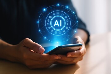 Hands holding a smartphone, showcasing a futuristic holographic representation of Artificial Intelligence with interconnected technology symbols.