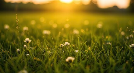A closeup shot of a vibrant green field with clover flowers, bathed in the warm glow of the setting sun, creating a tranquil and idyllic scene in nature