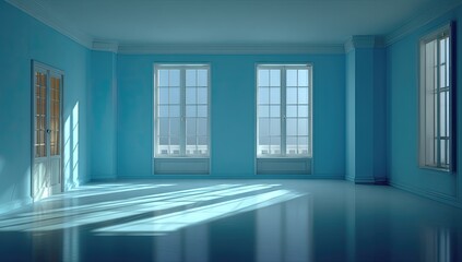 Fototapeta premium Empty, sunlit room with blue walls and large windows