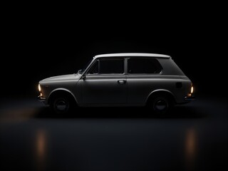 Fototapeta premium A photorealistic side silhouette of a boxy, retro hatchback against a black background.