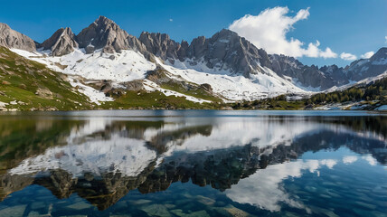 Snow-capped mountains reflected in a mountain lake