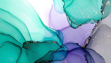 An abstract ink painting showcases flowing, vibrant teal, purple, and gray hues, with gold accents outlining the fluid forms.