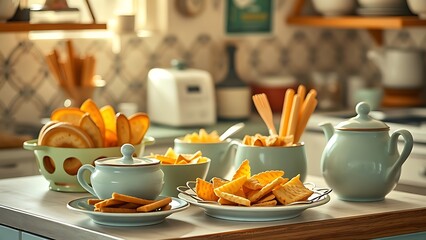 Vintage kitchenware holding handcrafted snacks, bathed in warm nostalgic light.