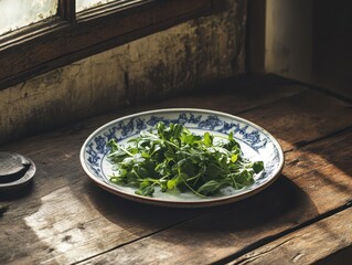 A rucola laid on to traditional plate in the kitchen.

