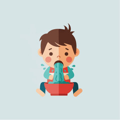 A young boy sitting on the floor, sadly spilling water from a bowl, with a light background