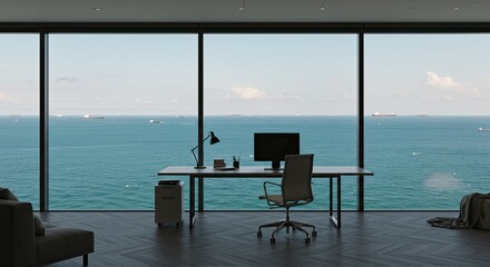 Modern executive office with stunning panoramic ocean view and cargo ships creating a serene and productive workspace
