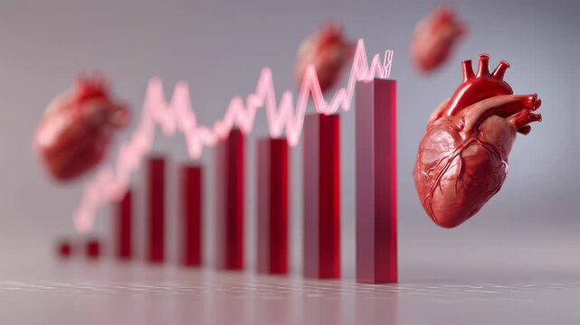 Medium shot with sharp clarity on decreasing heartattack mortality bars paired with gently blurred increasing arrhythmia and heartfailure icons showcasing dynamic changes in