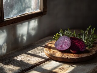 A beet on the wooden board in the kitchen.