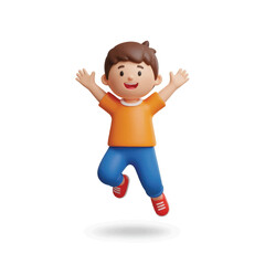 Cheerful cartoon boy jumping joyfully in a playful setting with a bright background