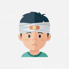 Young boy with a bandaged head showing a concerned expression, set against a plain background
