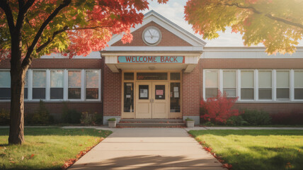 Fototapeta premium The school building stands proudly with a welcoming sign, surrounded by colorful autumn leaves. Sunlight enhances the warm atmosphere as students return for a new academic year.