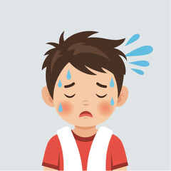 Sad cartoon boy with sweat droplets on his forehead, expressing disappointment in a simple background
