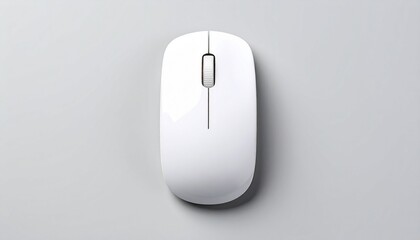 Sleek white computer mouse with glossy surface and dark scroll wheel on light gray background