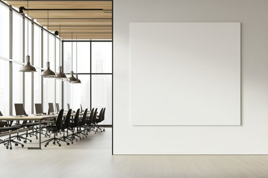 Contemporary office interior with a large empty wall mockup, ideal for posters, branding, advertising design, corporate identity, and business presentations.