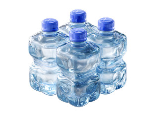Four clear plastic water bottles with blue caps standing upright front view isolated on transparent background PNG