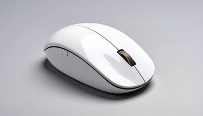 Sleek white computer mouse with glossy surface and dark scroll wheel on light gray background