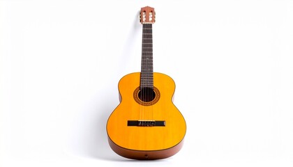 Obraz premium Classical acoustic guitar with light brown body, dark neck and headstock, visible strings and sound hole on white background