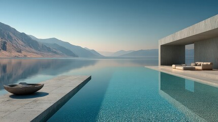 A minimalist diving board made of polished concrete, positioned at the edge of a vast, calm body of water, representing the leap into a new venture