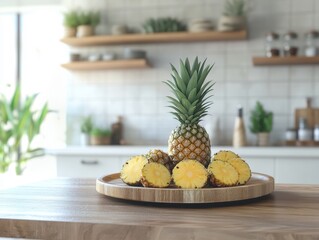 A pineapple laid on the wooden plate in the kitchen.