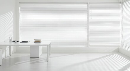 Fototapeta premium Bright, modern minimalist office interior bathed in natural light, featuring a clean white desk with books and stationery, creating a serene and productive workspace.