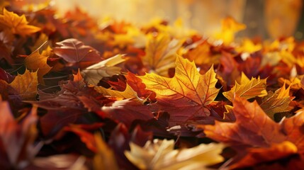 Autumn maple leaves in a pile of golden yellow, burnt orange, and deep red scattered naturally, forming a crisp textured seasonal background with ultra-realistic macro photography details
