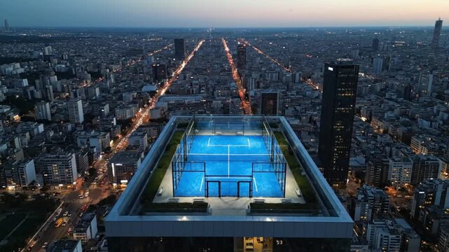 An aerial view of a blue padel or tennis court on a skyscraper rooftop with a vast city skyline in the background.