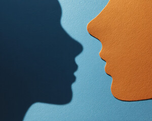 Social Justice Algorithmic Bias Concept, Social justice and algorithmic bias represented by contrasting silhouette profiles orange and blue shadow