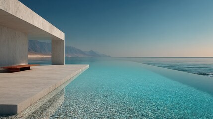 Fototapeta premium minimalist diving board made of polished concrete, positioned at the edge of a vast, calm body of water, representing the leap into a new venture