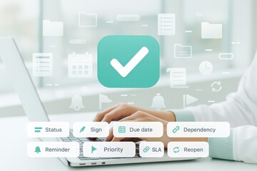 A person is working on a laptop computer, with task management interface elements displayed over the screen, showing a completed task.