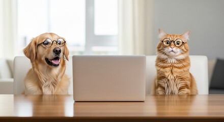 Funny dog and cat wearing glasses working at a table with a laptop, humorous lifestyle stock photo, ultra-realistic pet concept
