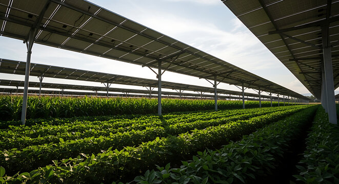 Solar panels are installed above rows of crops in a field, showcasing agrivoltaics and sustainable farming practices.