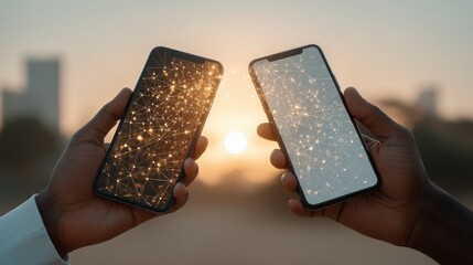 Two hands hold smartphones displaying glowing connections against a sunset backdrop, symbolizing technology and communication.