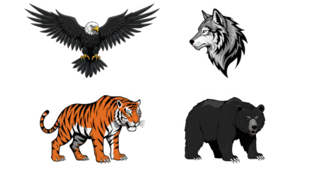 A graphic representation of an eagle wolf tiger and bear on a black background in a cartoon style